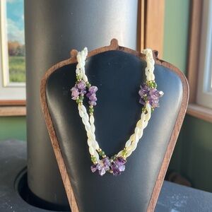 Rice Pearl Necklace with amethyst and green stones with gold accent